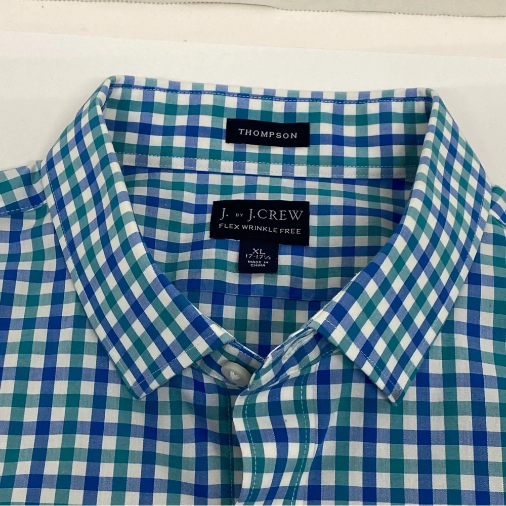 J. by J. Crew Thompson Flex Wrinkle Free Blue Teal White Check Size XL 17-17 1/2